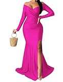 A ADILACA Women's Off Shoulder High Split Long Formal Party Maxi Dress Evening Gown, Womens Satin Dress Long Sleeve Bodycon Evening Gown, Off Shoulder Dresses for Women (Hot Pink, L)