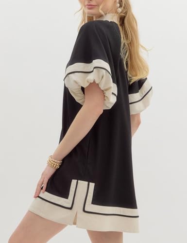 Esmeling Women's Color Block Pullover Dress V-Neck Puff Sleeve Mini Dress with Pockets3
