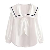 KUFEIUP Women's Long Sleeve Navy Collar Necktie Loose Blouse Tops (White&Blue, Medium)