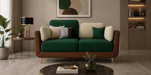 Image of Modern Sofa, 2 Seater with Decorative Cushions, Chesterfield Arm Three Seater for Living Room Guest Room Hotels & Office (2 Green and Brown)