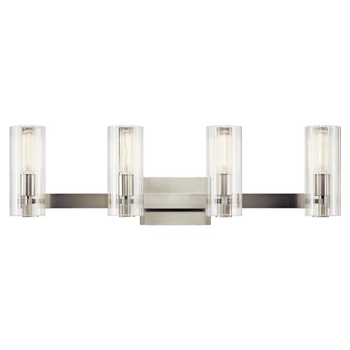 Image of Kichler Jemsa 4-Light Bathroom Vanity Light Fixture with Clear Fluted Glass in Brushed Nickel, Modern Wall Mount Light for Bathroom or Powder Room (9.75 inch x 32 inch), 55169NI