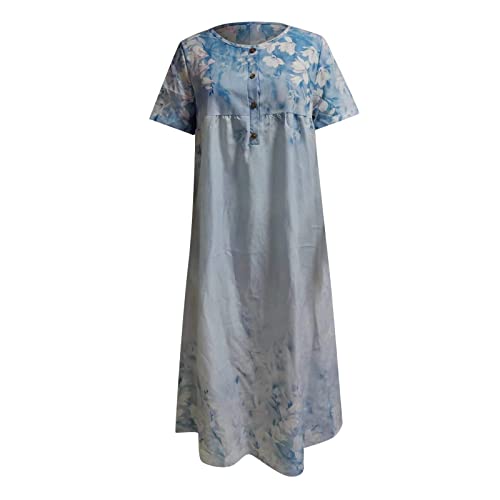 Wshemv Summer Dresses For Women 2023, White Flowy Dress Bridesmaid Long Women's Dress Button Floral Pocket Short Sleeve V Neck Casual Loose Dress Maxi Dresses With Pockets Plus Size (3Xl, Light Blue) #TOP2
