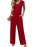 LILBETTER Women's Summer Casual Loose Jumpsuit Cap sleeve Crewneck Long Pants Jumpsuit Romper with Pockets(Bright Red,Medium)