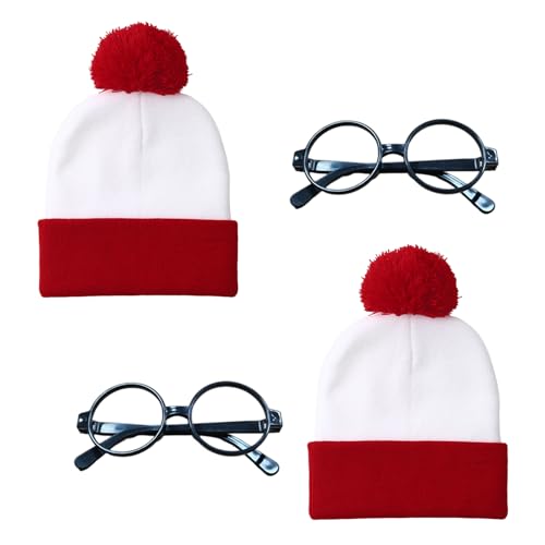 GYIOFAI Lot de 4 chapeaux tricotés rouges et blancs avec lunettes Nerd noires pour adulte, bonnet rayé à pompon pour adulte, accessoires de costume de...