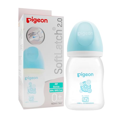 Image of Pigeon SoftLatch 2.0 Wide Neck Baby Feeding Bottle S Size (Blue) | PP Bottle with White Cap | BPA-Free | Gentle Feeding for Babies