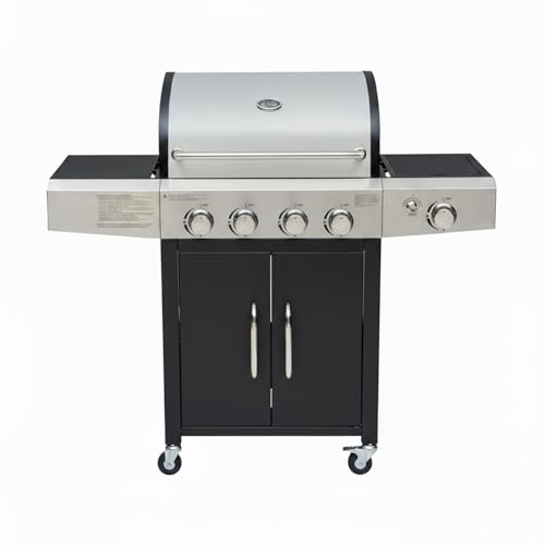 Barbecue a Gas Professionale XXL Da 16 kW con 5 Bruciatori in Acciaio Inox 304 Con Fuoco Laterale Termometro Coperchio Doppio Griglia Di Cottura 67 x 42 Cm Scaldavivande Ruote 137 × 50 × 120 Cm Nero
