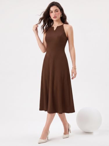 Image of Selvia Women's Keyhole Neck Sleeveless Midi Fit & Flare Western Dress