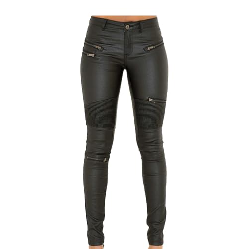 Black Pants PU Leather Coated Denim Pants for Women Sexy Tight Stretchy Rider Leggings