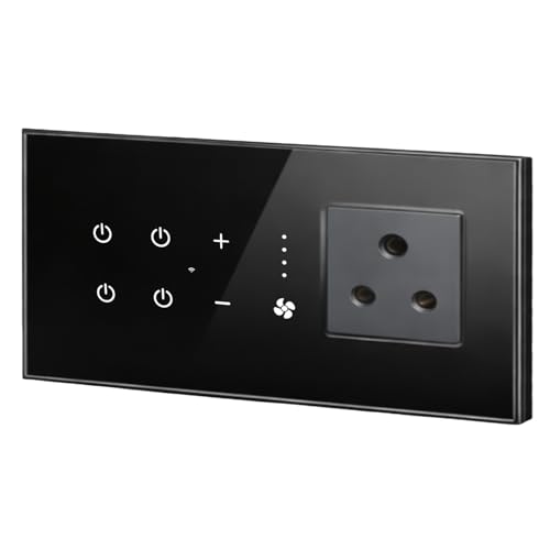 Image of Smarteefi WiFi Glass Touch Smart Switch Board| Toughened Glass | 5 Ports (3 Switch + 1 Regulator + 1 Socket)| Guaranteed Schedules| Compatible with Alexa, Google Home (Black, FT41-6M-220mmx90mmx40mm)