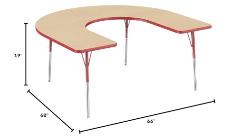 Image of FDP Horseshoe Activity School and Office Table (60 x 66 inch), Standard Legs with Swivel Glides for Collaborative Seating Environments, Adjustable Height 19-30 inches - Maple Top and Red Edge