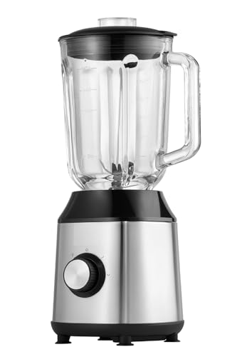 Batidora de vaso 1500W MaxellPower con jarra de cristal 1,5L, 2 velocidades + Pulse, cuchillas de 6 hojas en titanio, base de acero inoxidable, luz LED azul, ideal para smoothies, cremas y hielo