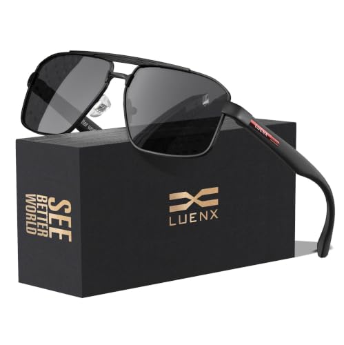Image of LUENX Aviator Sunglasses for Men Square Polarized Polygon Lens - UV 400 Protection with Accessories
