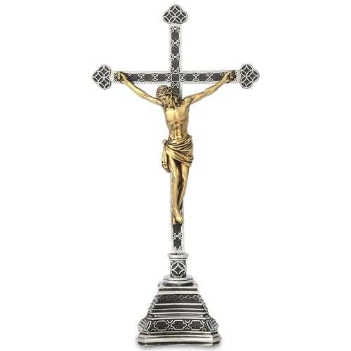 Grace4Joy Standing Crucifix - Table Crucifix with Stand Catholic Home Altar Decor, Hand Painted Jesus Cross with Base Holy Statue Religious Gifts 8 Inch High
