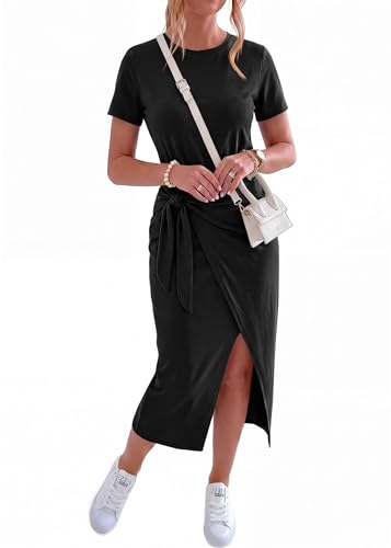 Image of NOLLSOM Women Casual Sleeveless Striped Tank Midi Dresses Halter Neck Ruched Bodycon Dresses Tie Waist T Shirt Summer Dress