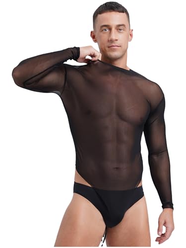 Mens Sexy Mesh Sheer See Through Long Sleeve High Cut One-Piece Bodysuit Leotard Lingerie4