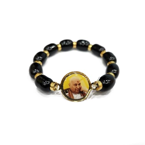 SATVIK 5 Pc Jai Guruji Black Oval Pearl Bracelet | Handmade Bracelets for Men & Women | Guruji Swaroop Centerpiece | Positive Vibes | Shukrana Satsang | Wristband Gift