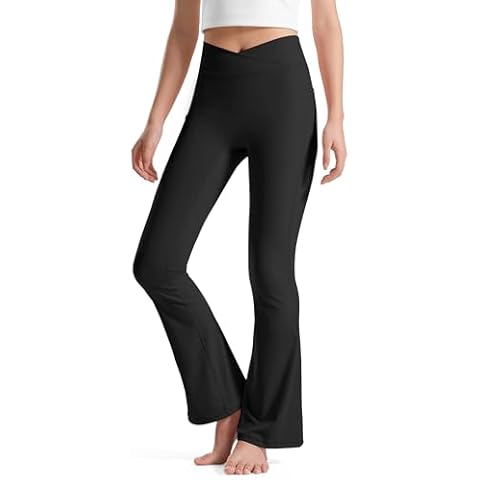 BOOPH Girls Flare Leggings with Pockets Cross High Waisted Yoga Pants Bell Bottoms Athletic Pants 7-8 Years Color Black Cover