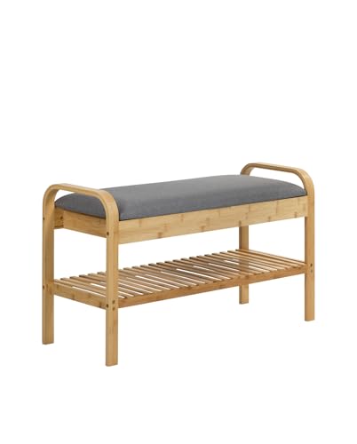 BRINDEK Banco Zapatero de bambú | Asiento Acolchado Gris con asideros | Descalzadora 90x33x50 cm | Mueble recibidor con Zapatero | Diseño escandinavo Resistente a la Humedad | Montaje fácil