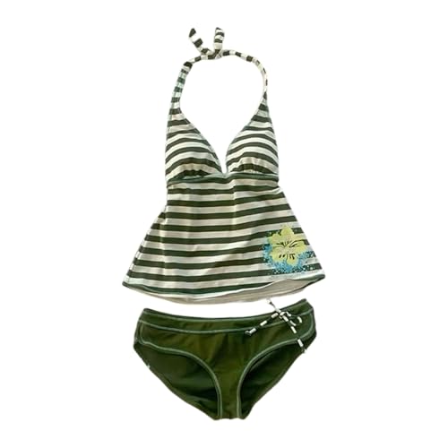 Y2k Tankini Striped Bikini Set Cute Kawaii Swimsuit 2 Piece 2000s Bathing Suit Vintage Floral Print Grunge Emo Alt Swimsuit (US Alpha Small Regular Regular Green)
