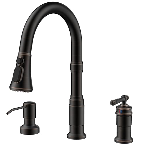 FORIOUS 3 Hole Kitchen Faucet with Soap Dispenser, Oil Rubbed Bronze Vintage Pull Down Sprayer Kitchen Sink Faucet with Seperate Handle Stainless Steel, Suitable for Farmhouse Outdoor Rv Bar