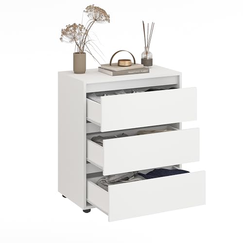 Komto Commode Blanche 3 Tiroirs – Meuble Rangement Chambre Adulte, Chiffonnier Salon | Linoa 3S 70 x 40 x 81 cm