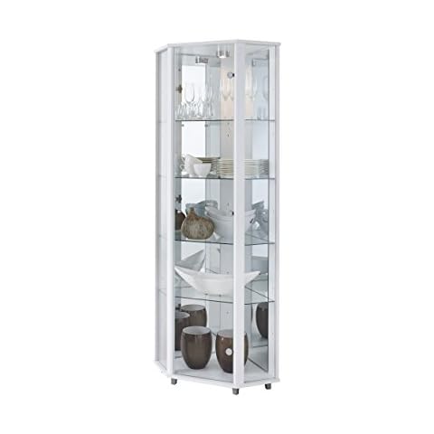 Fully Assembled HOME Corner Glass Display Cabinet White with 4 Glass Shelves, Spotlight & Mirror Back Panel Cover