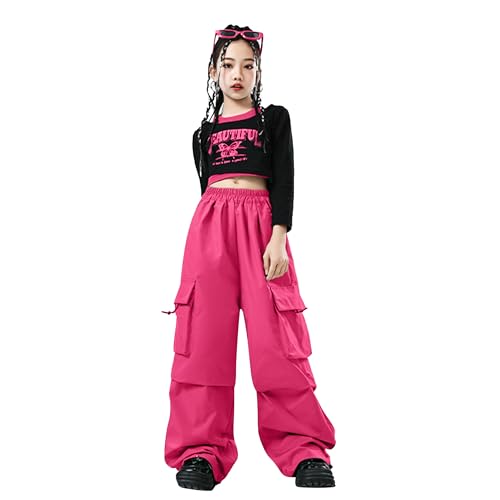 LOLANTA Conjunto Hip Hop para Niñas, Top Corto Estampado & Pantalones Cargo, Conjunto de Danza, Streetwear Moderno, Rosa, 10-11 años, 150