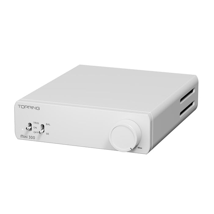 Topping Mini300 Amplificatore HiFi Stereo ad Alta Potenza, Classe D Bilanciato, 140 W×2 @4Ω, 124 dB SNR, Auto Power Sync, TRS Bilanciato e RCA, Amplificatore Desktop per Altoparlanti Passivi, Argento