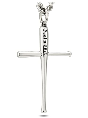 Shields of Strength Men's Stainless Steel Baseball Bat Cross Necklace-Psalm 56:32
