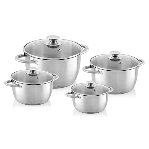 FLORINA Juego de ollas HENRY | Juego de 8 piezas Acero inoxidable | Juego de cacerolas con tapa de cristal | Ollas Cocina de inducción, cocina de gas, cocina eléctrica
