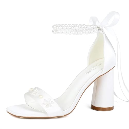 Dilhik Pearl Heels Wedding Shoes for Bride Open Toe Bridal Shoes White Ivory Heels Chunky Heeled...