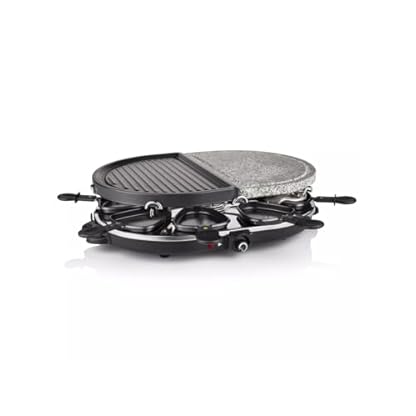 Wintem Ovaler 4-in-1-Grill, antihaftbeschichtet, 1200 W, mit 8 Pfännchen 45 x 31 x 12 cm, Kabel 2 m und rutschfesten Füßen, kombiniert Raclette-Platte, Tischgrill, Steingrill und Grillset