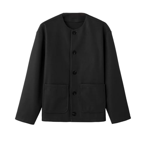 Men's Double-Sided Wool Coat, Collarless Loose-Fit Woolen Overcoat Minimalist Casual