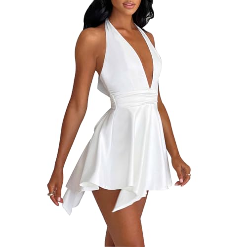 LuFeng Women's Sexy Sleeveless Halter Deep V Neck Backless Tie Back Waist Flowy Drape Satin Cocktail Mini Dress4