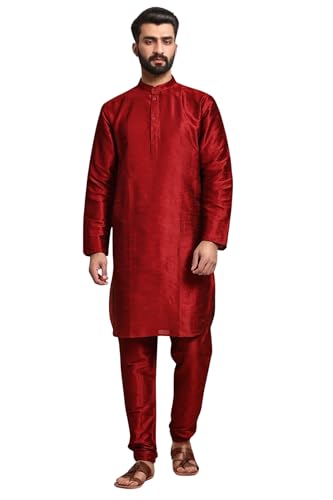 Image of SKAVIJ Men's Art Silk Solid Kurta Pyjama Set Festive Woven Design 2-Piece Ethnic Dress (KP055red Red L)