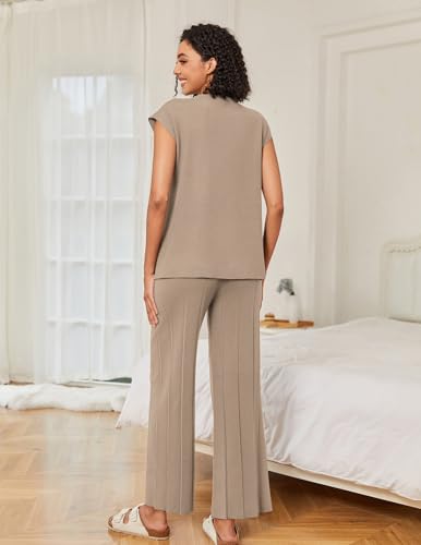 Image of Ekouaer Lounge Sets for Women Two Piece Outfits Knit Cap Sleeve Tops Wide Leg Pleated Pants Casual Dressy Sweater Sets