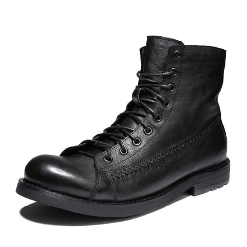 ENWIND Botas de Motociclista de Cuero Negras para Hombre de Cordones, de Ancho Extra, Estilo Militar, con tacón bajo y cómodas para el Tobillo,Negro,39 EU