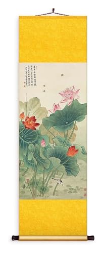 AQCDPJYU - AQCDPJYU Rouleau peint d'art chinois représentant un lotus, décoration Feng Shui classique for l'entrée, impression verticale sur soie, cadeau original(Creamy White,50L x 158W cm)