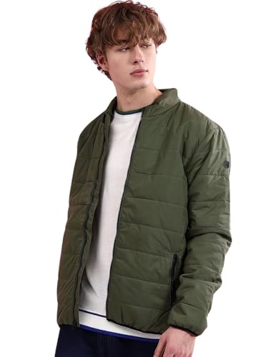 Image of The Indian Garage Co Men Olive Regular Fit Solid Quilted Puffer Jacket (Olive L)