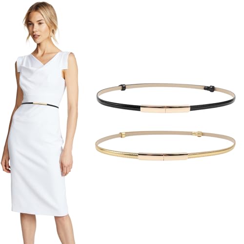 YILANJIN Schmaler Gürtel für Damen, 2 Stück schmal Verstellbarer, Elastischer Taillengürtel für Frauen, Skinny Metallgürtel,Dünner Ledergürtel Schmaler Ledergürtel mit Goldener Schnalle für Kleid