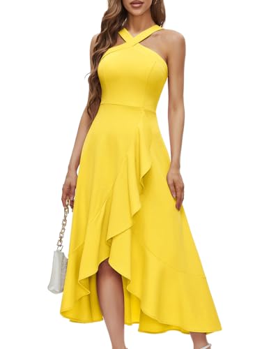 Bbonlinedress Yellow Summer Cocktail Dress Halter Ruffle Maxi Wedding Guest Prom Party Homecoming Dress Yellow M