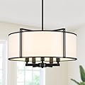 CWarmozy 19.6'' Black Drum Chandelier 5-Light Modern White Fabric Chandeliers for Dining Room Adjustable Farmhouse Pendant Light Fixture for Kitchen Island Living Room Bedroom