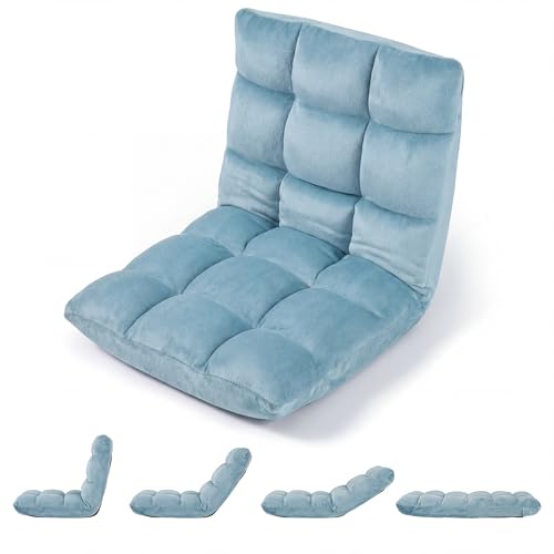 Image of Giantex Folding Floor Chair with Back Support, 14 Adjustable Position, Padded Sleeper Bed, Couch Recliner, Gaming Video Chairs for Adults, Meditation, Living Room (Lake Blue)