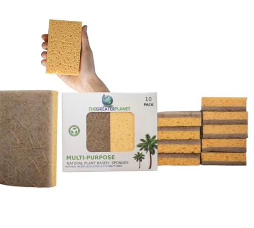 Image of THE GREATER PLANET- Natural Kitchen Sponges, Eco Friendly Cleaning sponges-Multipurpose Wood Cellulose Scrub sponges-10 Pack Biodegradable Organic Kitchen Dish Sponge Cleaning Earth Friendly Sponge.