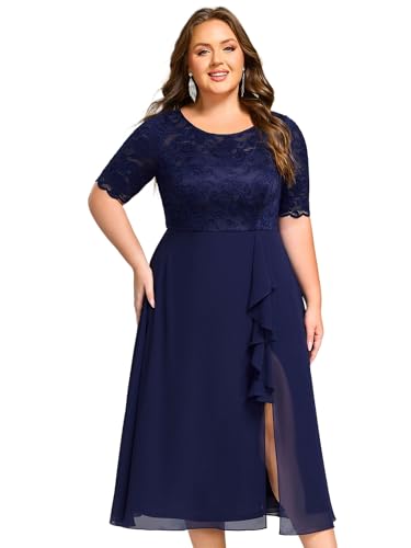 Ever-Pretty Vestido de Noche Midi Talla Grande Cuello Redondo con Bordado Fiesta Verano Manga Corta Azul Marino 48