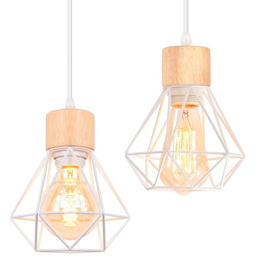TOKIUS 2 Piezas Lámparas Colgantes Vintage 16CM Retro Lámpara de Techo Diseño de Jaula Blanco Luz Colgante en Hierro Madera E27 Iluminación de Techo para Pasillo Comedor Dormitorio (Colgante 1 Luz)