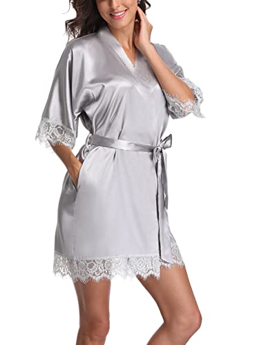 Women's Satin Robes Short Kimono Robe Bride Bridesmaid Robe Pure Color Bathrobe Silky Sleepwear With Lace Trim #TOP3