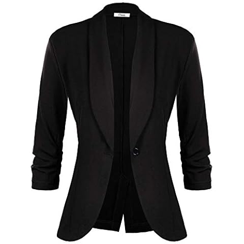 iClosam Women's 3/4 Ruched Sleeve Blazer Open Front Lightweight Office Cardigan Jacket Black Cover