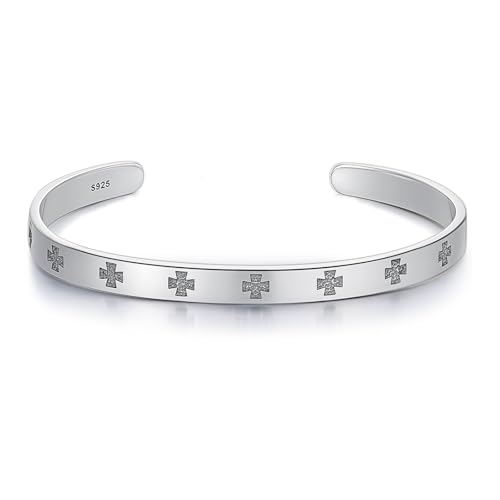 POIUY S925 Sterling Silver Christian Cuff Bracelets Cross/Feather Bracelets Religious Faith Protect Jewelry Birthday Anniversary Christmas Gifts for Men