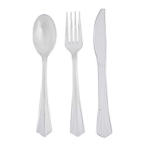 BalsaCircle 24 pcs Clear Plastic Spoons, Forks, and Knives Set - Disposable Wedding Party Reception Tableware Supplies